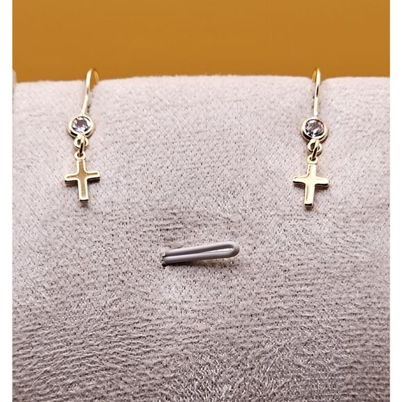 14k Gold Filled CZ Cross Earrings Hypoallergenic Dangle Drop Dainty Christian - Picture 1 of 5